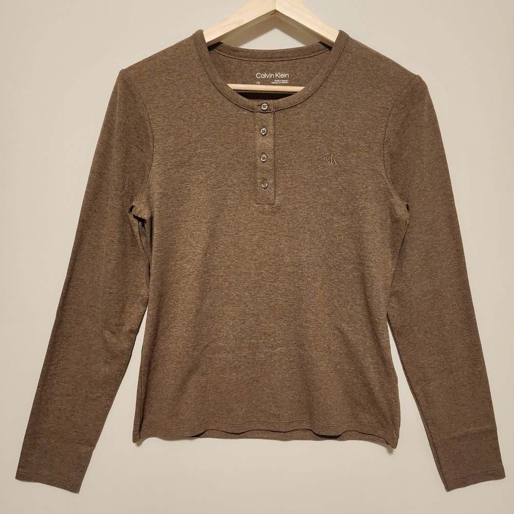 Calvin Klein Henley Long Sleeve Top Heathered Brown Size Large